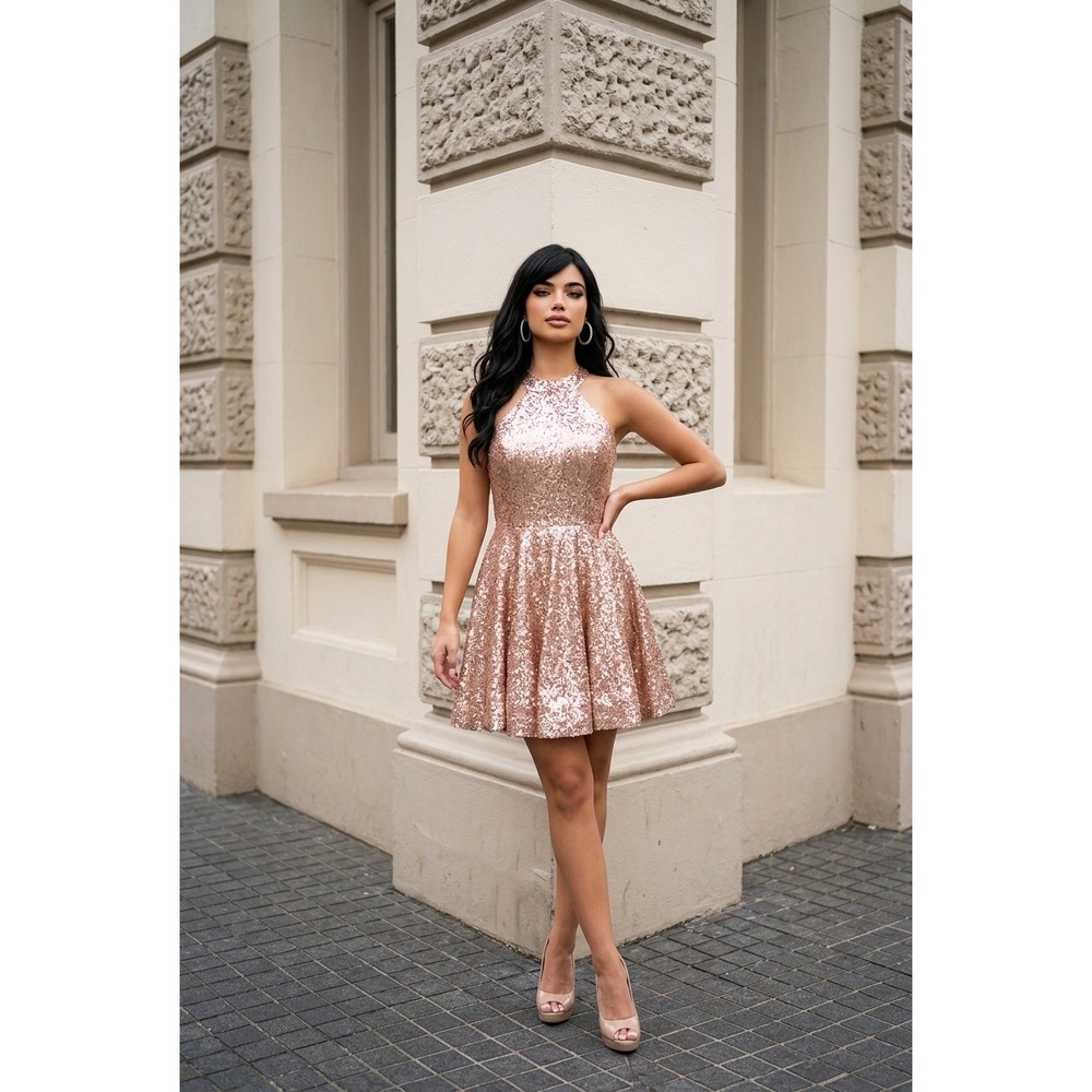 Alyce Paris Rose Gold Sequin Halter Neck Open Back Cocktail‎ Dress Size 12